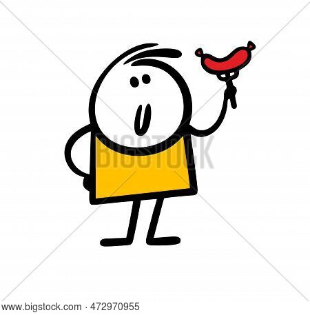 A Cute Cartoon Stickman Holds A Fork With A Sausage In His Hand And Is About To Eat.