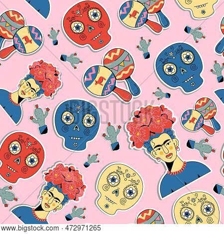 Vector Illustration With Design For The Mexican Holiday.pattern With Traditional Mexican Symbols
