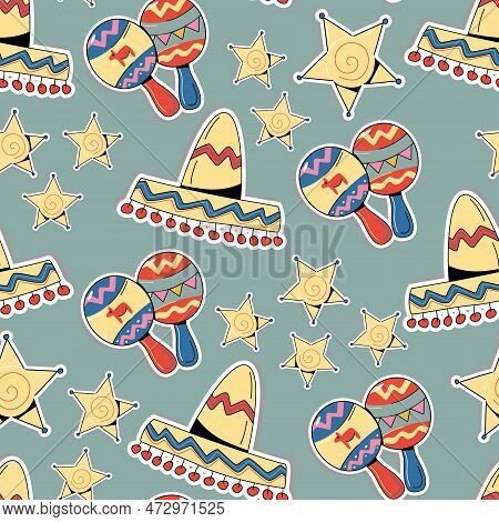 Vector Illustration With Design For The Mexican Holiday.pattern With Traditional Mexican Symbols