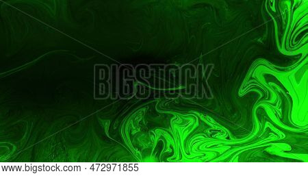 Fluid Mix. Ink Water. Acid Liquid. Toxic Poison. Neon Green Black Color Glowing Oil Paint Blend Marb
