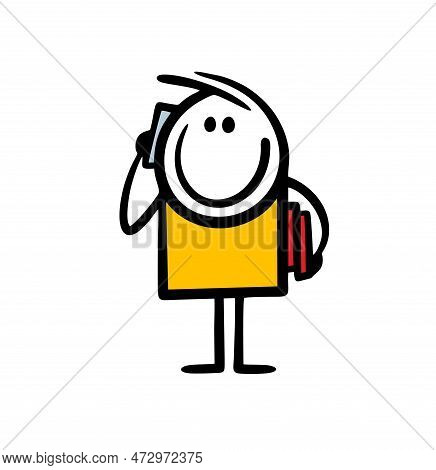 Young Stickman Student Talking Via Smartphone And Holding Library Books.