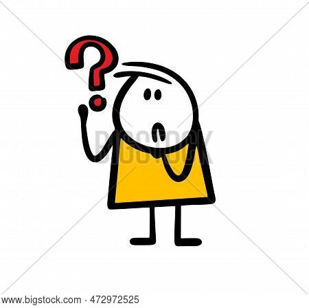 Funny Cartoon Girl And A Big Red Question Mark.