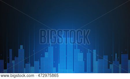 Cityscape Technology Background Concept. City Space Bright Glowing Neon, Data Blue Line Circle Light