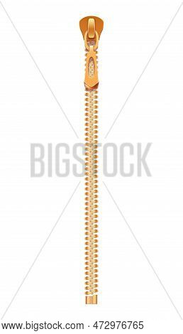 Zipper Realistic Composition With Isolated Image Of Golden Fastener With Zip Slider Vector Illustrat