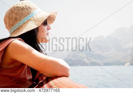 Caucasian Woman Tourist Portrait Relax Lay On Vacation On Cruise Ship Deck Enjoy Sunny Persian Gulf 
