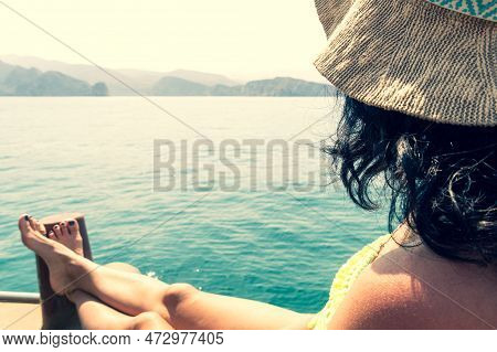 Caucasian Woman Tourist Relax Lay On Vacation On Cruise Ship Deck Enjoy Sunny Persian Gulf Panorama 
