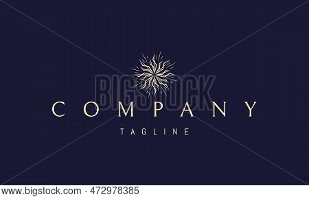 Vector Golden Logo On Which An Abstract Image Of A Linear Pattern In The Form Of The Sun.