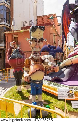 Burriana, Spain 18-03-2023: View Of The Sculpted Monument For Its Exhibition And Its Burning In The 