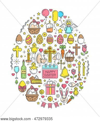 Easter Line Icon Set. Colored Easter Symbols Collection. Colored Icons Arranged In The Shape Of An E