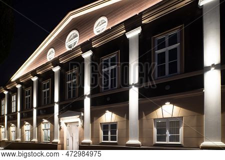 Exterior Of Illuminated Modern Building. City Architecture.