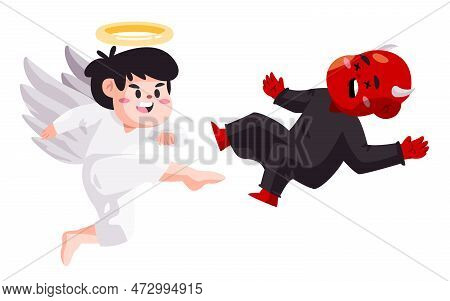 Fight Kicking Angel Versus Daemon Evil Good Vs Bad Cartoon Character