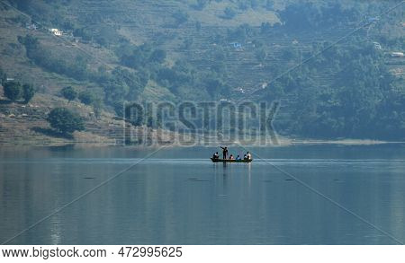 Pokhara, Nepal - November 23, 2017 : Tourists And Local People Travel And Ride The Boat At Begnas La