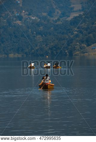 Pokhara, Nepal - November 23, 2017 : Tourists And Local People Travel And Ride The Boat At Begnas La