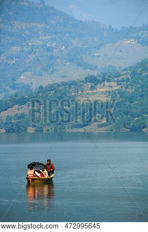 Pokhara, Nepal - November 23, 2017 : Tourists And Local People Travel And Ride The Boat At Begnas La