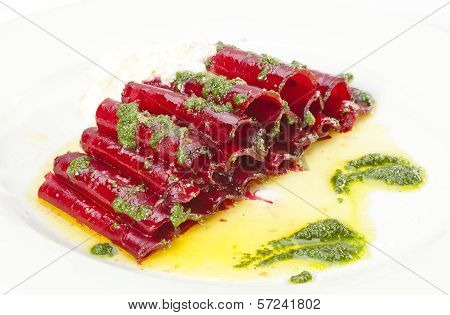 Vegetarian Beetroot Carpaccio W Goat Cheese And Pesto