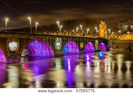 Night View Of Pont Neuf In Toulouse - France