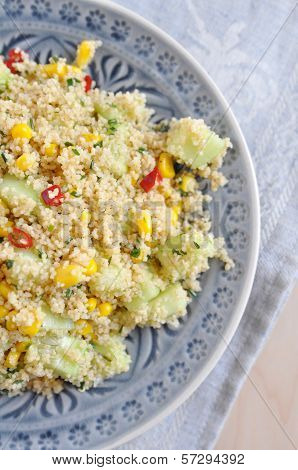 Healthy Couscous Salad with corn, cucumber and pepper