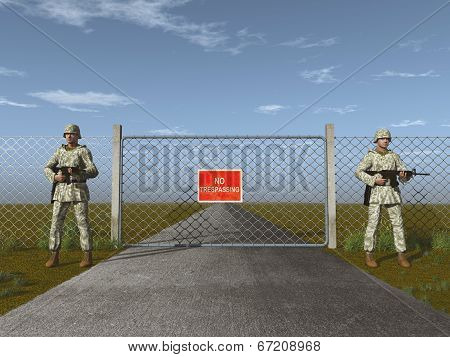 Soldiers standing guard in front of a gate