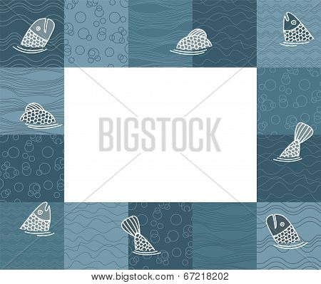 Baby photo frame or card with fishes. Vector