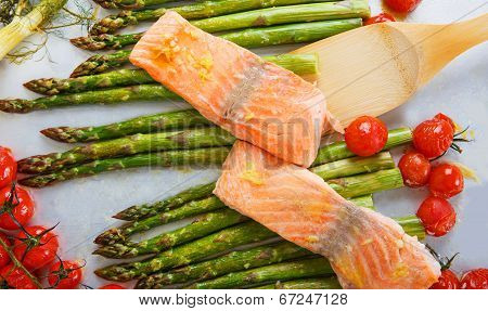 Salmon Fish And Green Aspargus, Cherry Tomatoes And Fennel