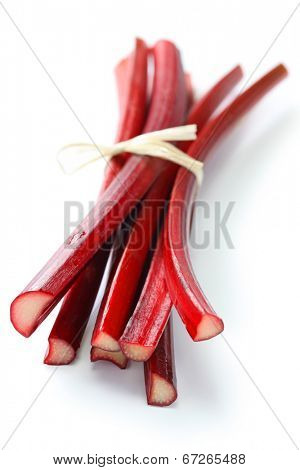 bundle of red rhubarb stalks on white background