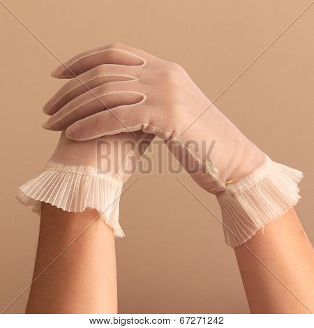 Female Hands Modeling Vintage Sheer Gloves