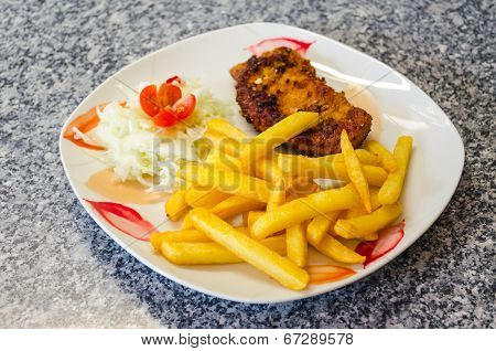 Schnitzel, Chips And Salad