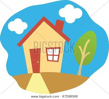 House, Tree, Clouds And Sky