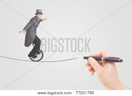 Businessman riding monocycle on a rope drawn by hand concept