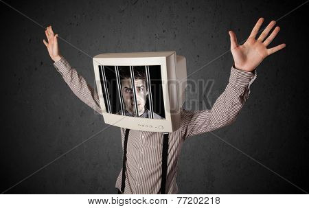 Business man with monitor screen on his head traped into a digital system concept