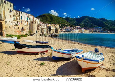 Old Beach In Cefalu With Fishing Boats