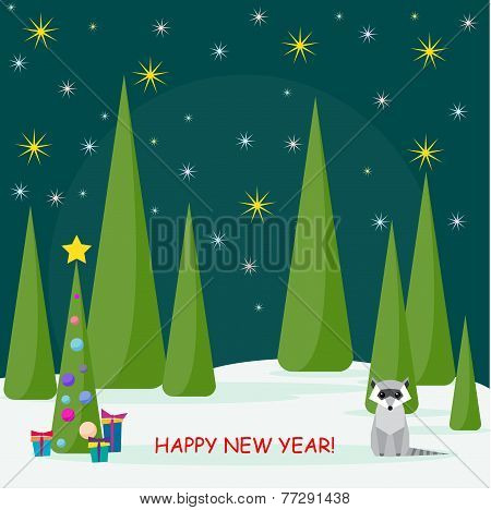 Winter Holiday Card With Spruse, Cute Racoon And Many Bright Colored Gifts In The Night Forest