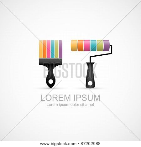 Colorful paint brush and paint roller icons