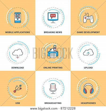 Modern Vector Line Icons Set. Modile Apps, Game, Cloud Storage, Online Printing, Usb, Broadcasting