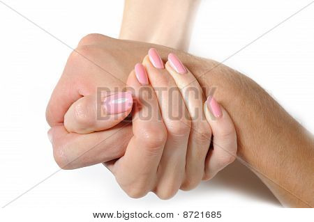 Woman And Man Hands Togather Isolated On White Background