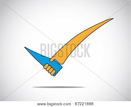 Blue And Orange Right Tick Mark With Business Success Partnership Handshake Concept - Abstract Illus