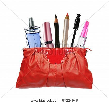 Beautiful Red Makeup Bag And Cosmetics Isolated On White