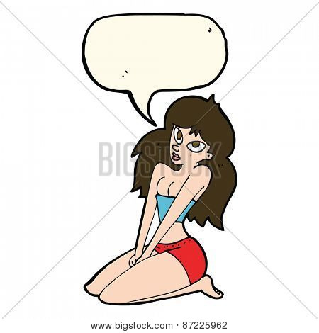 cartoon woman in skimpy clothing with speech bubble