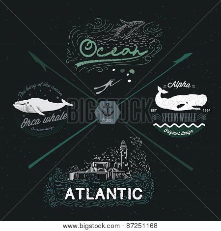 Set of vintage nautical emblems, logos, design elements