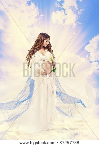 Pregnancy Maternity Beauty Concept, Pregnant Holy Woman, Saint Mother Over Light Sky Cloud