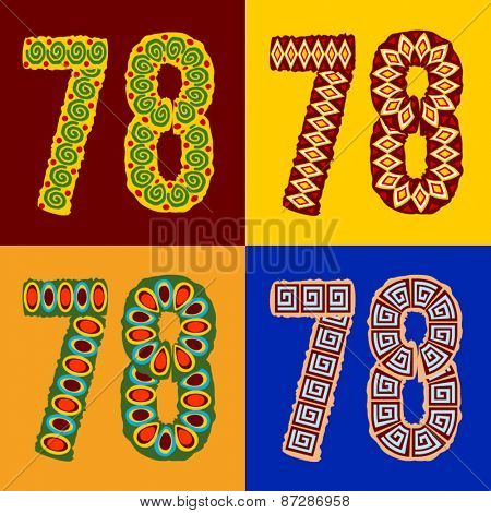 Vector set of ethnic font with african ornament. Optional different styles. Numbers  7 8