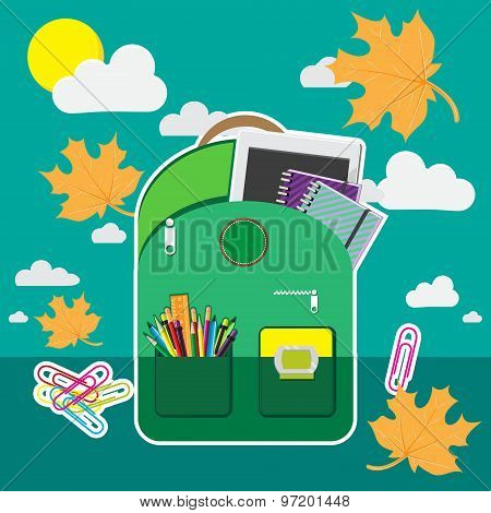 Calligraphic Back to school illustration, stationery. computer tablet in front of blue sky with autu