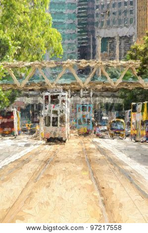 Double-decker tram on street of Hong Kong