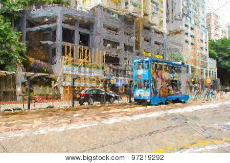 Double-decker tram on street of Hong Kong