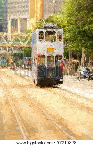 Double-decker tram on street of Hong Kong