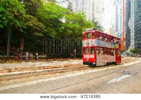Double-decker tram on street of Hong Kong
