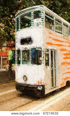 Double-decker tram on street of Hong Kong
