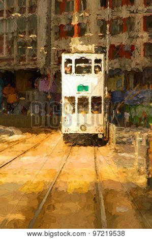 Double-decker tram on street of Hong Kong