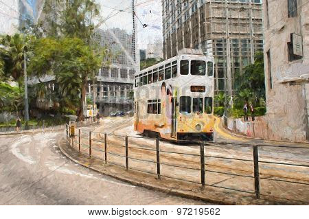 Double-decker tram on street of Hong Kong