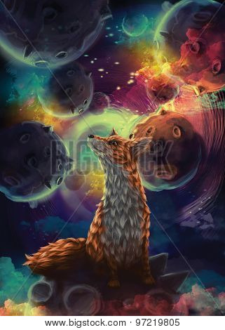 space and planets. lights and fox